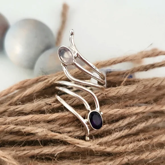 NEW Sterling Silver Double Gemstone Bypass Ring - Picture 3 of 8